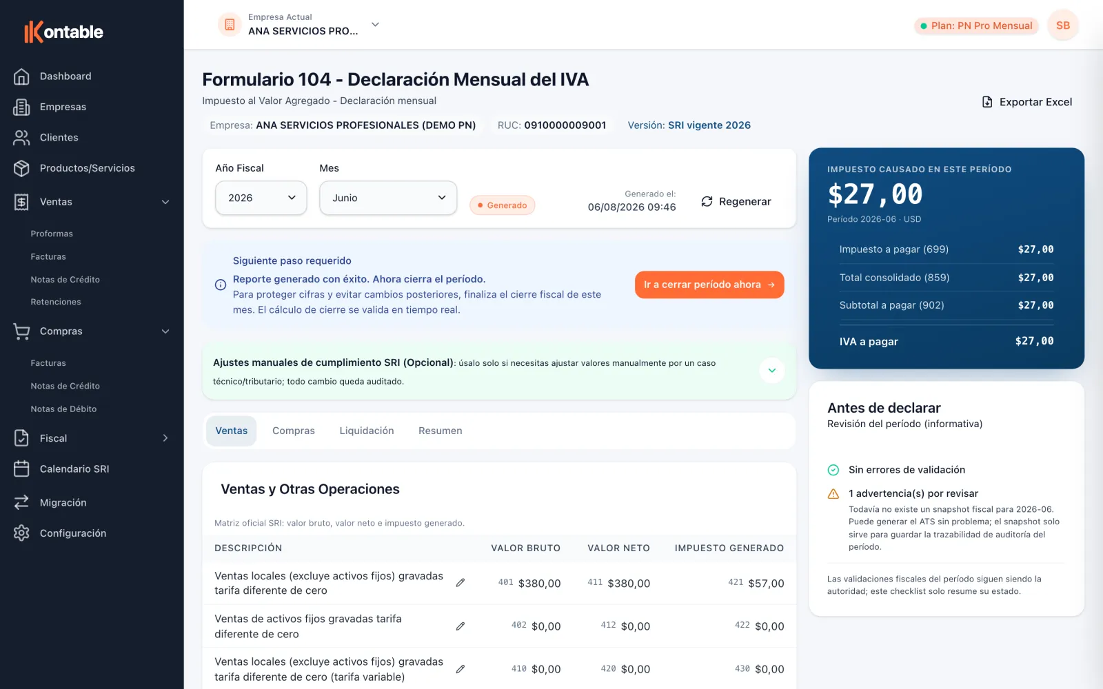 Formulario 104 de IVA en Kontable con el selector de período