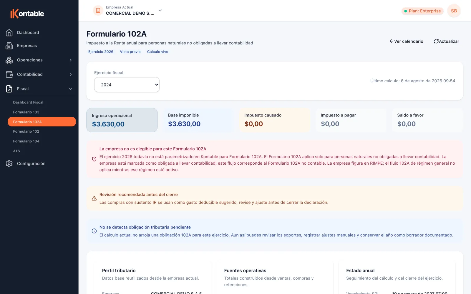 Pantalla del Formulario 102A en Kontable