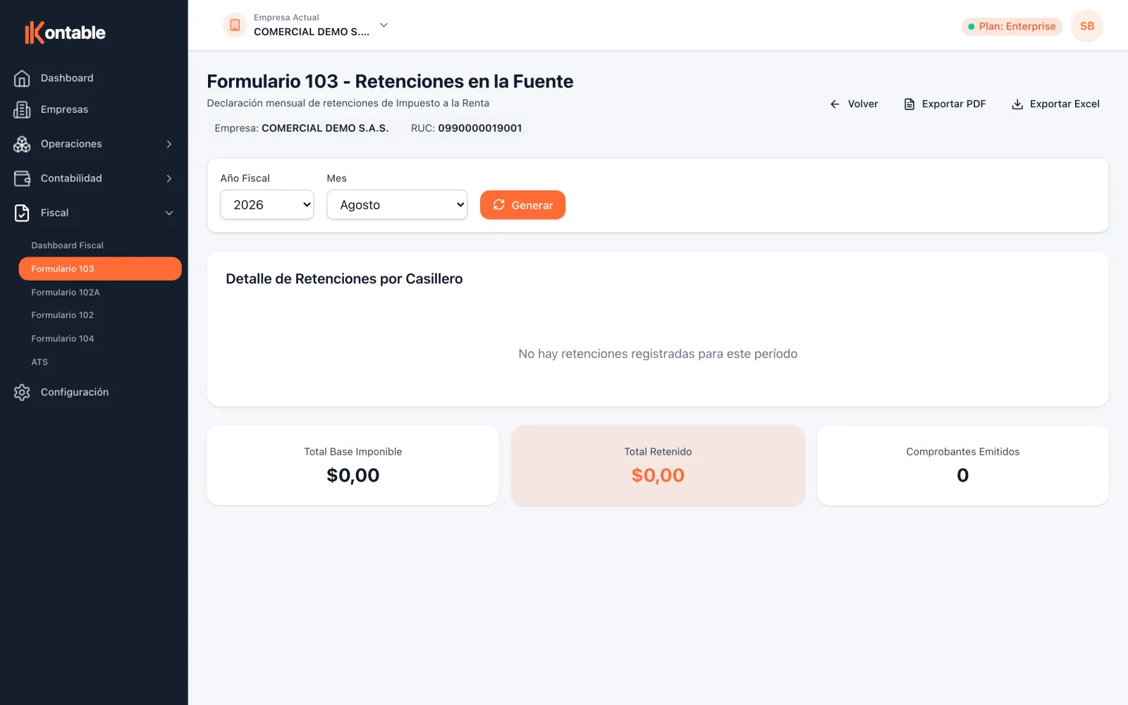 Pantalla del Formulario 103 en Kontable