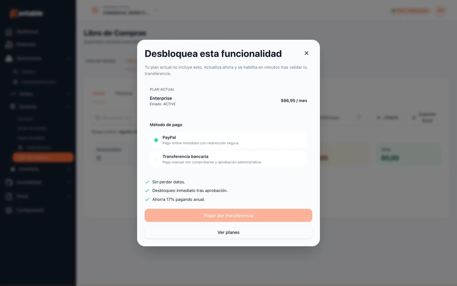 Libro de compras de Kontable con los documentos del período