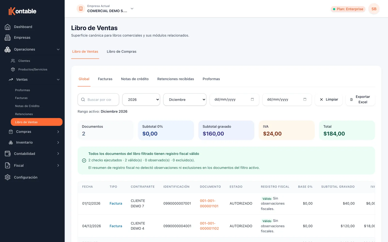 Libro de ventas de Kontable con los documentos del período