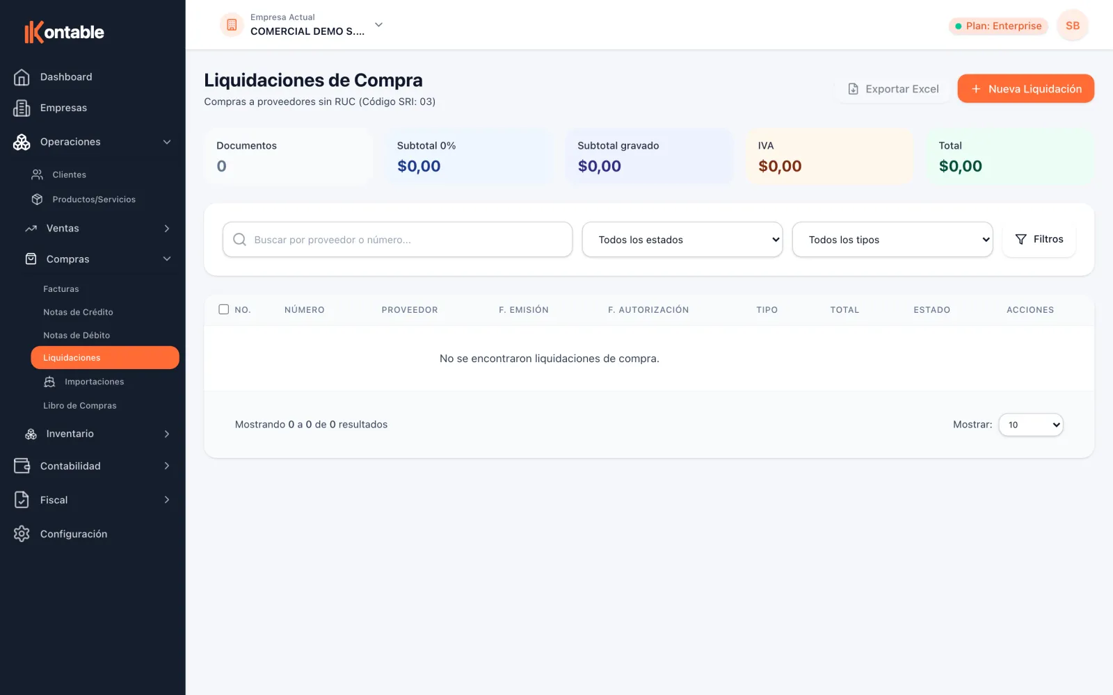 Pantalla de liquidaciones de compra en Kontable