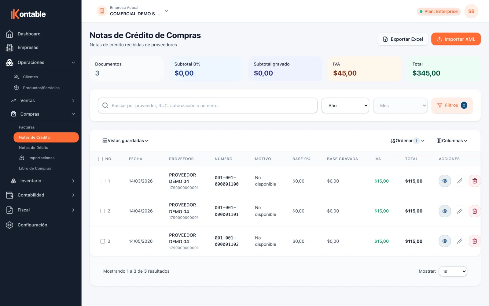 Pantalla de notas de crédito de compra en Kontable