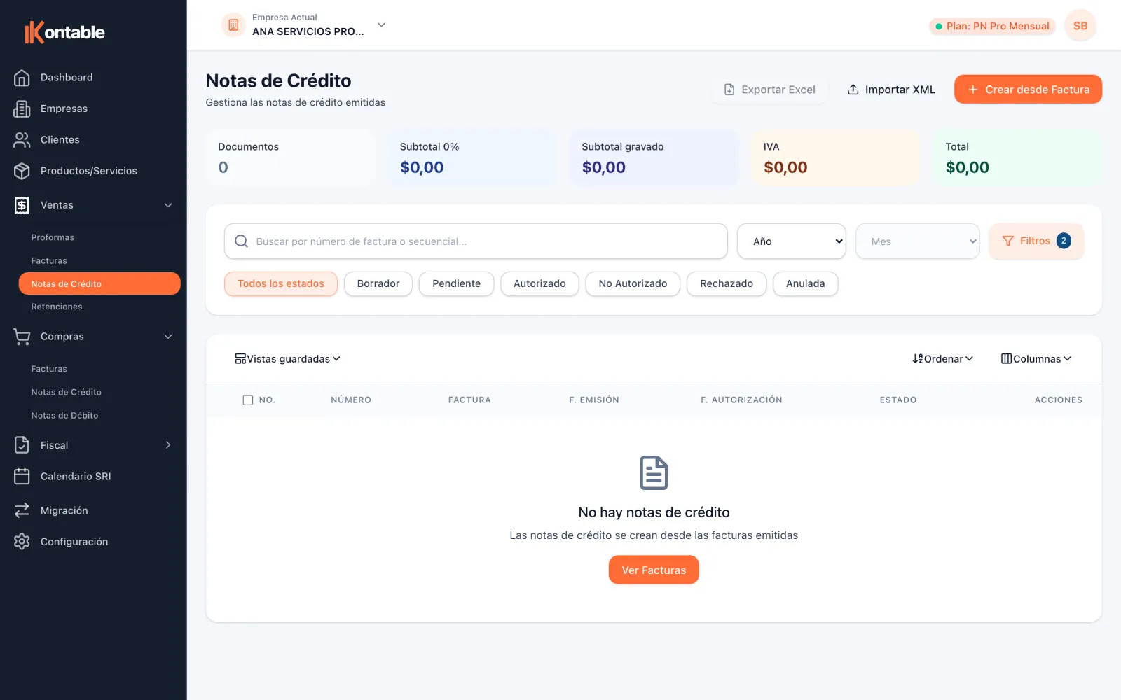 Pantalla de notas de crédito en Kontable