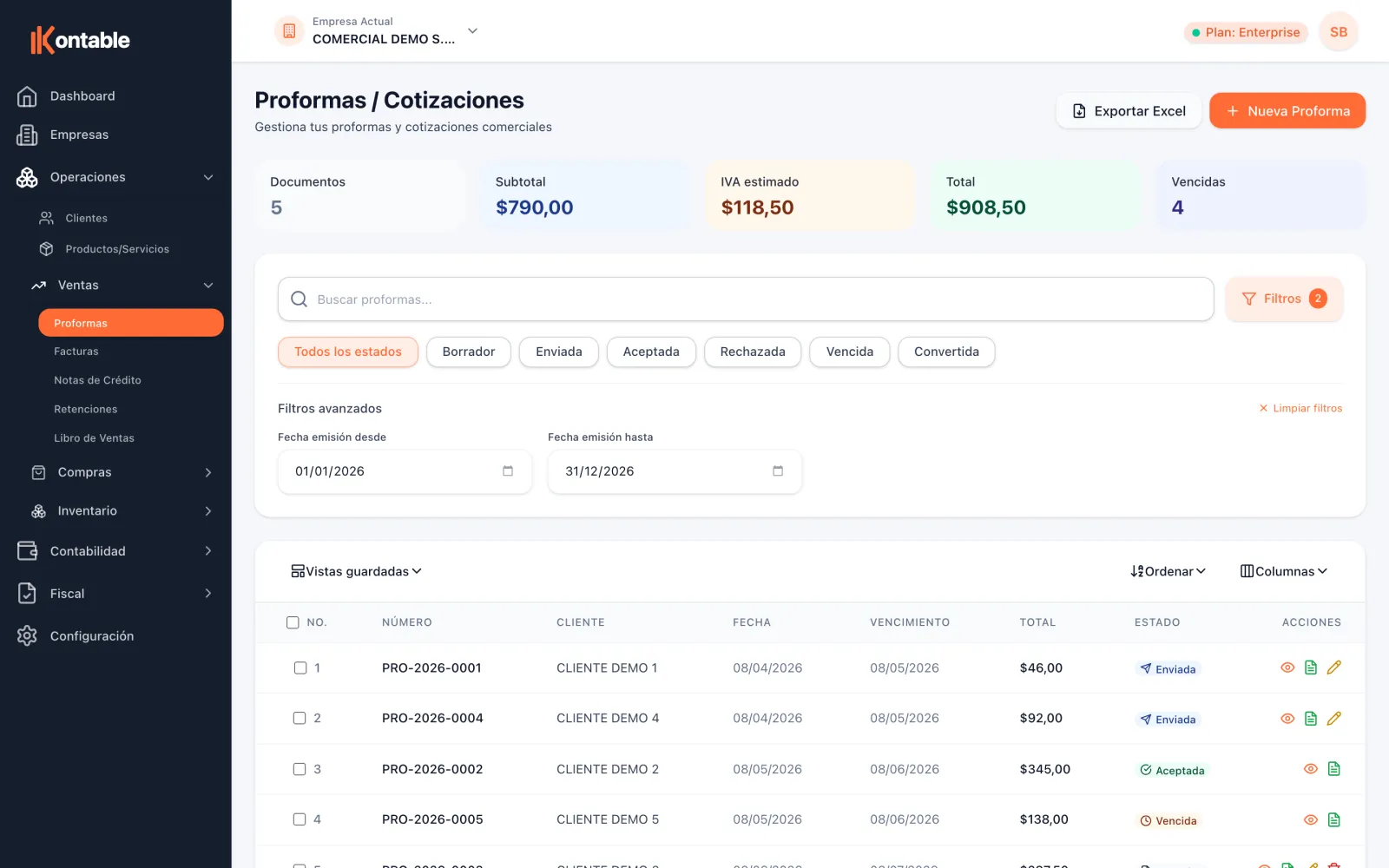 Lista de proformas o cotizaciones en Kontable