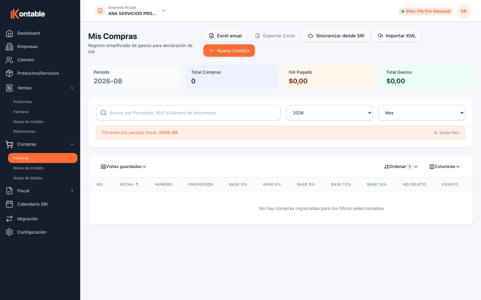 Lista de facturas de compra registradas en Kontable