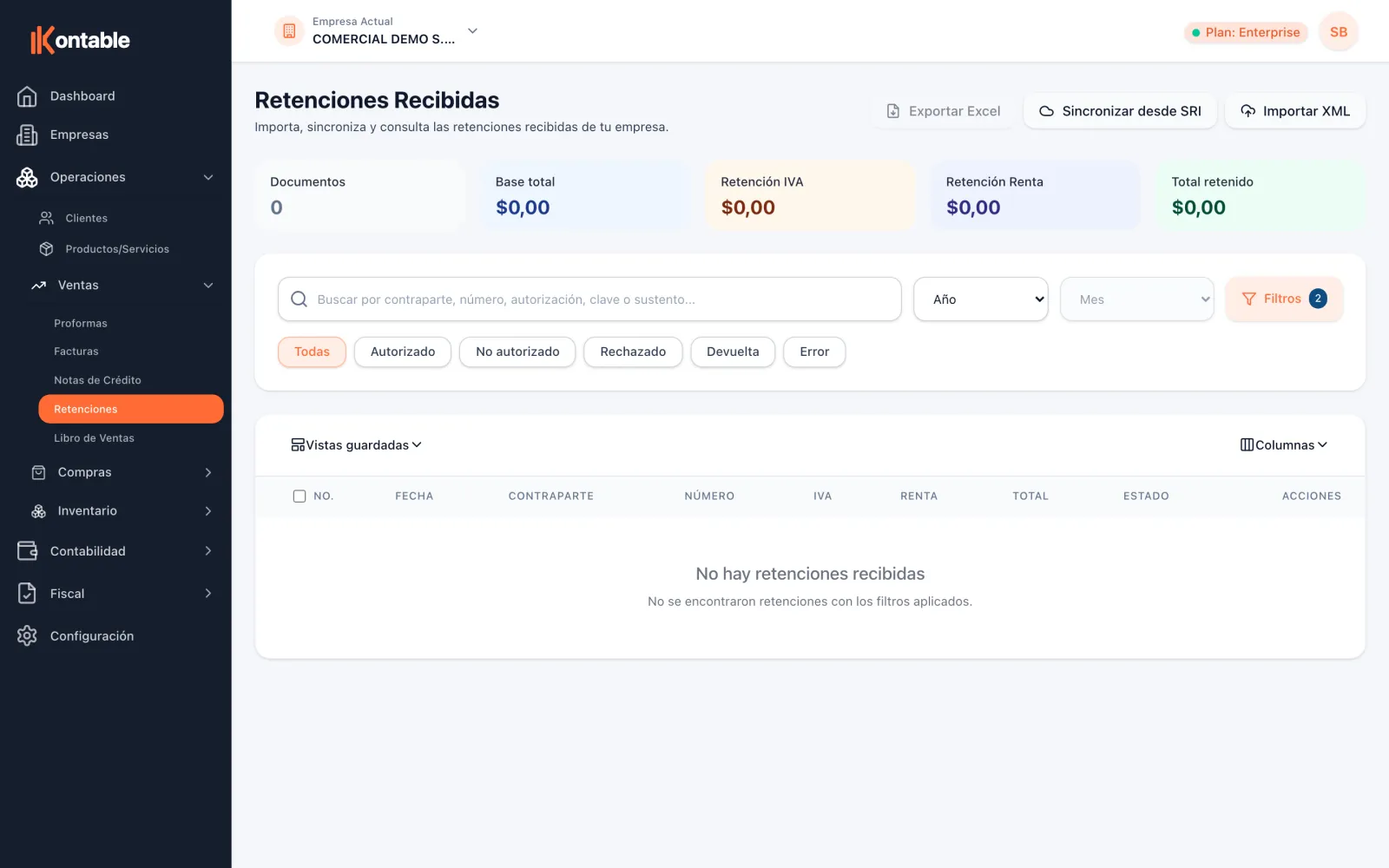 Pantalla de retenciones recibidas en Kontable