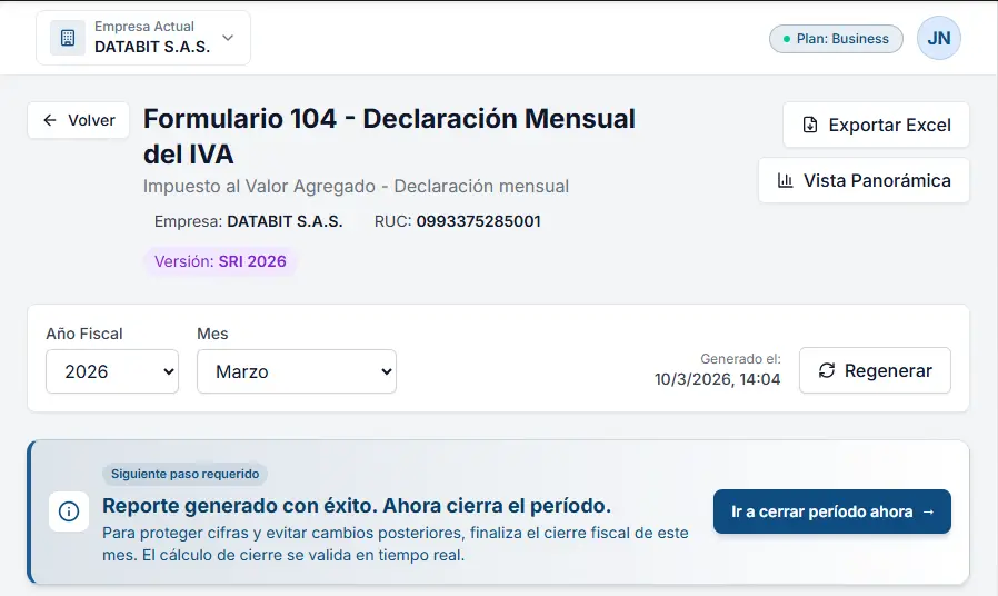 Captura real del Formulario 104 en la app de Kontable